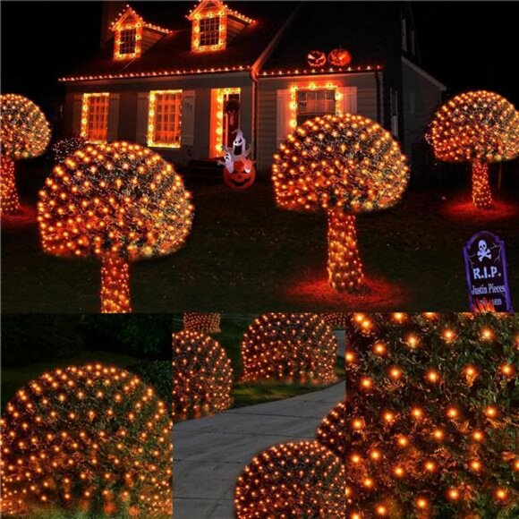 Halloween Net Lights, 200LED 8.4ft x 5.2ft Orange Bush Lights with 8 Modes - Picture 2 of 8